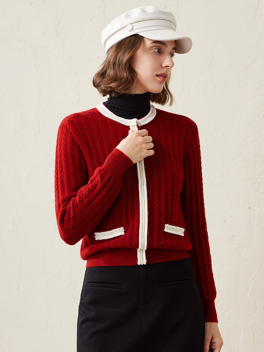 COMOBOCA Red 100% Cashmere Women's Pocket Faux Cardigan Sweater