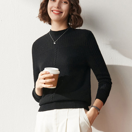 COMOBOCA XL BLACK 100% Cashmere Women's Mock Neck Cable Knit Sweater