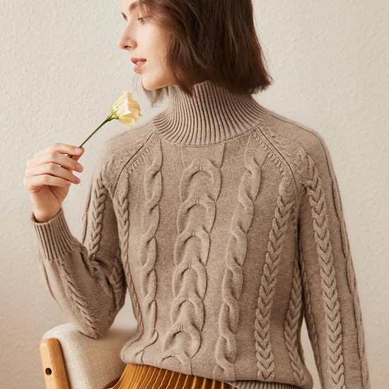 COMOBOCA L Brown 100% Cashmere Women's Turtleneck Cable Knit Sweater