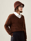 COMOBOCA Coffee 100% Cashmere Women's Cable Knit V-Neck Sweater
