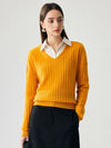 COMOBOCA Orange 100% Cashmere Women's Cozy Ribbed V-Neck Sweater