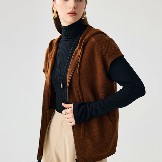 COMOBOCA Brown 100% Cashmere Women's Hooded Double-Head Zipper Vest