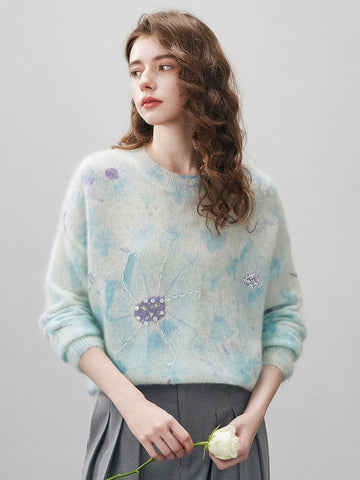 COMOBOCA Floral Women's Floral Printed Round Neck Sweater