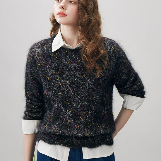 COMOBOCA Women's Speckled Lace Knit Round Neck Sweater
