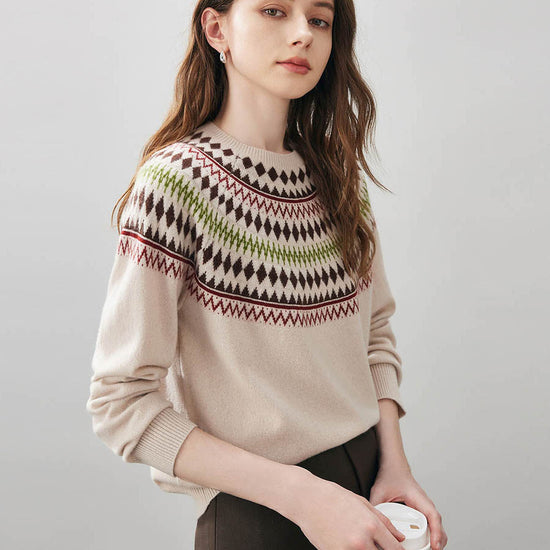 COMOBOCA 100% Wool Women's Geometric Fair Isle Knit Sweater