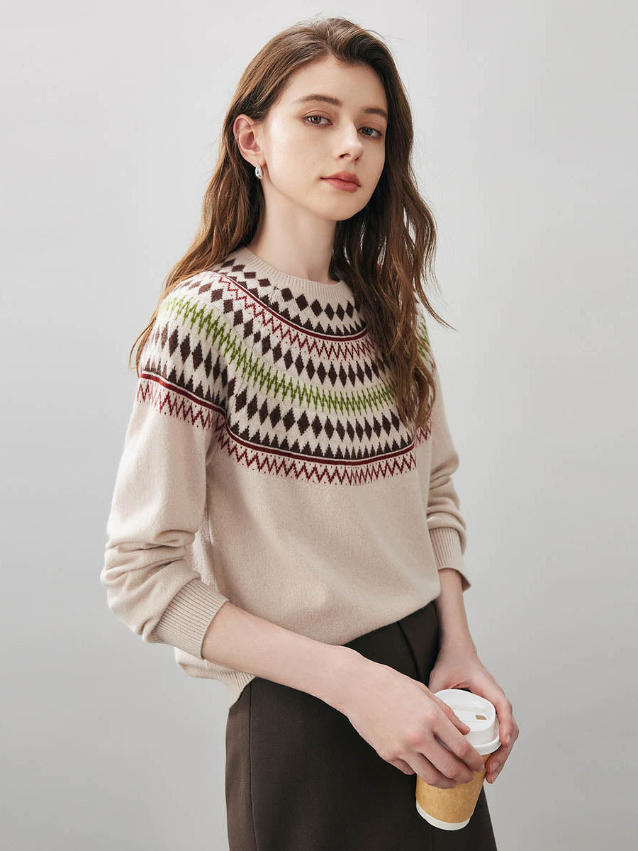 COMOBOCA 100% Wool Women's Geometric Fair Isle Knit Sweater