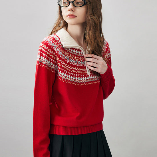 COMOBOCA 100% Wool Women's Fair Isle Zip Up Sweater