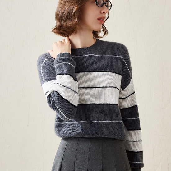 COMOBOCA 100% Cashmere Women's Striped Crewneck Sweater