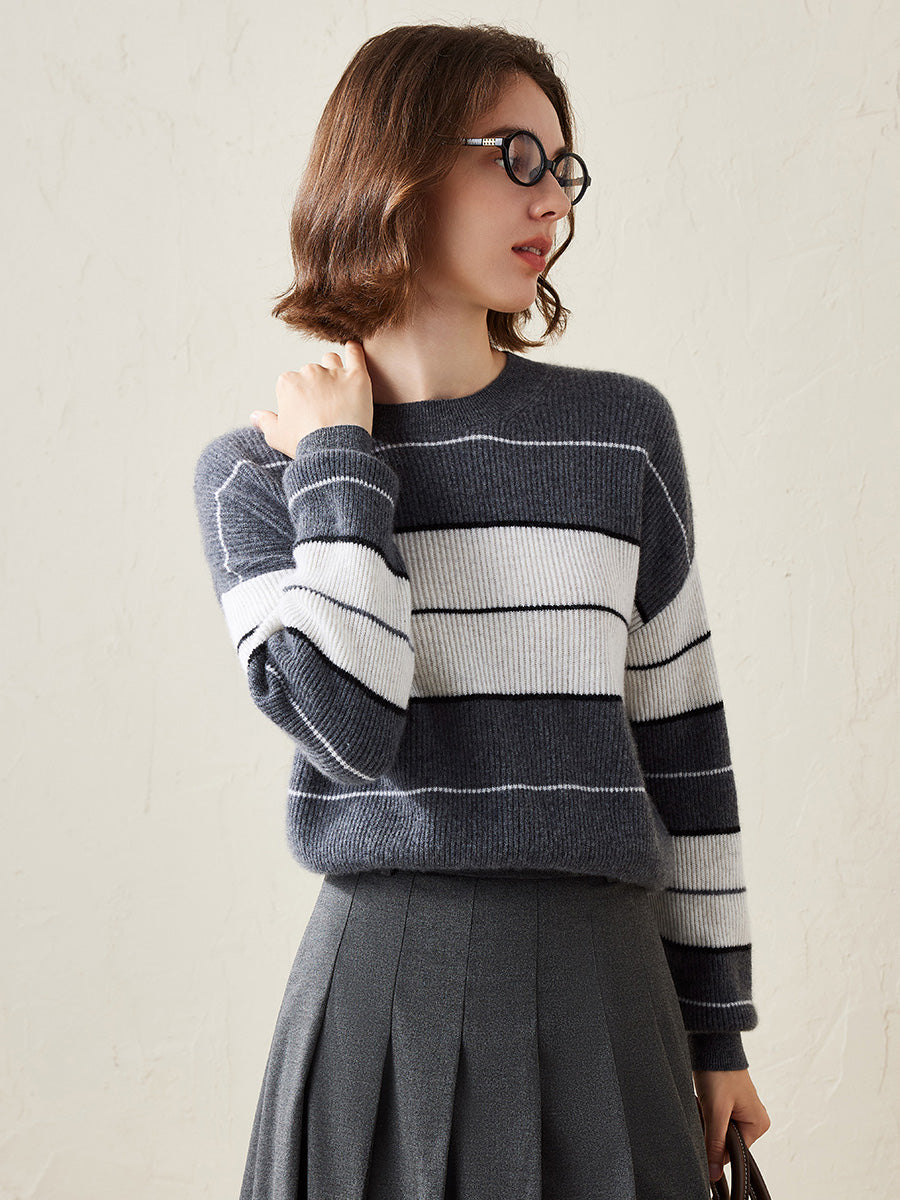 COMOBOCA 100% Cashmere Women's Striped Crewneck Sweater