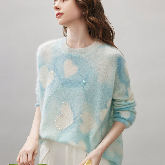 COMOBOCA Women's Heart Printed Round Neck Sweater