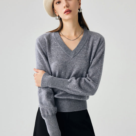 COMOBOCA 100% Cashmere Women's Sweater with Crystal Embellishments