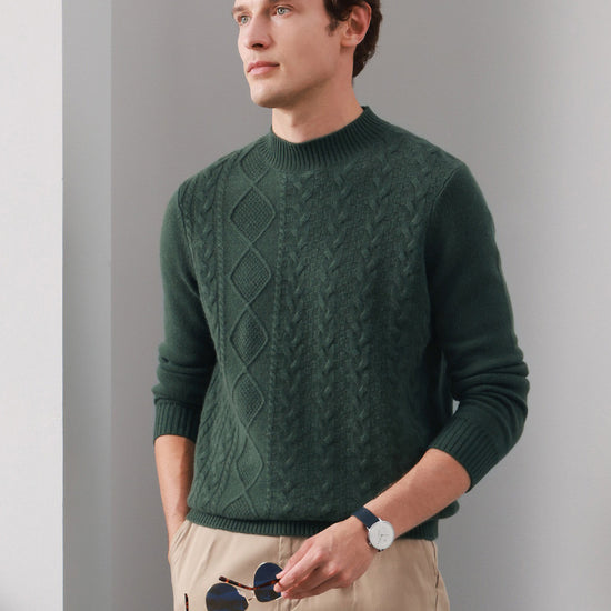 COMOBOCA GREEN 100% Cashmere Men's Ribbed Mock Neck Sweater