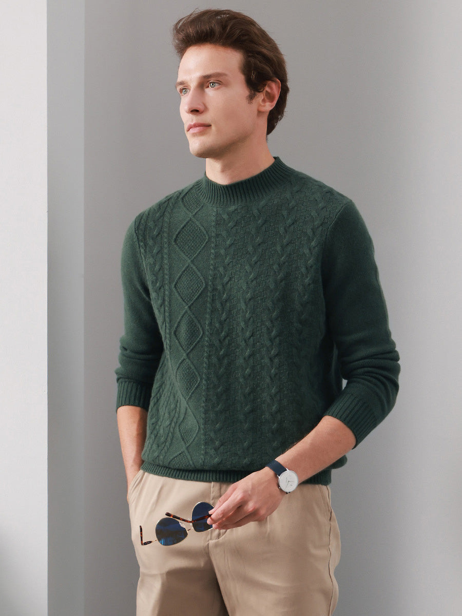 COMOBOCA GREEN 100% Cashmere Men's Ribbed Mock Neck Sweater