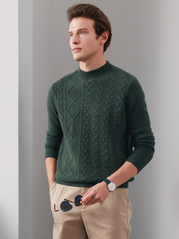 COMOBOCA GREEN 100% Cashmere Men's Ribbed Mock Neck Sweater