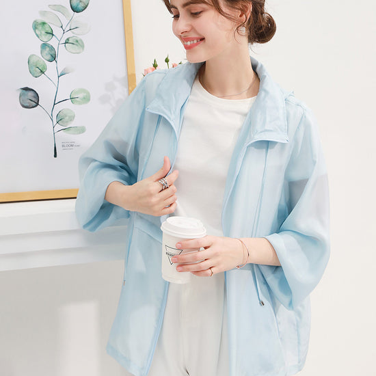 COMOBOCA One size Light Blue 100% Mulberry Silk Women's Zip Up Hooded Jacket