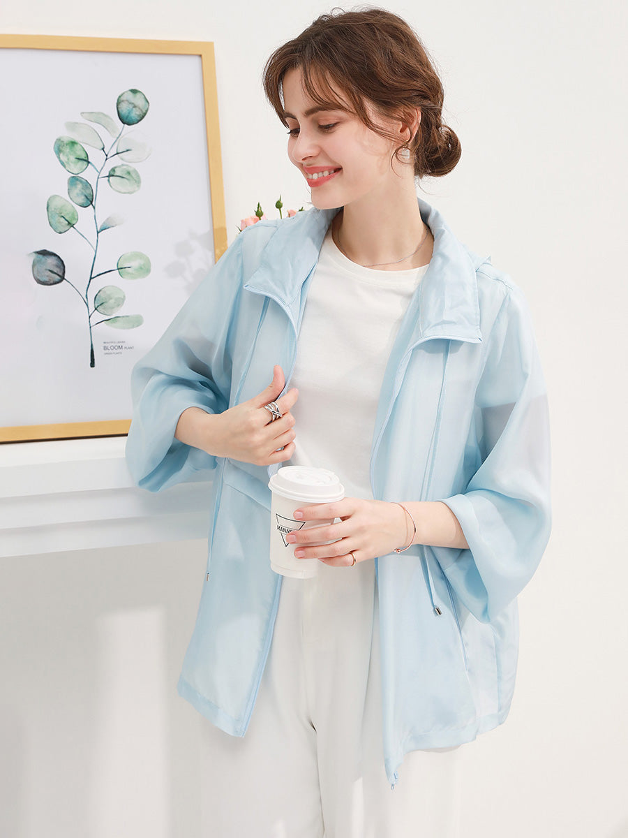 COMOBOCA One size Light Blue 100% Mulberry Silk Women's Zip Up Hooded Jacket