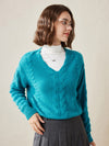 COMOBOCA Turquoise 100% Cashmere Women's Cable Knit V-Neck Sweater