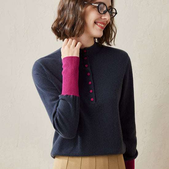 COMOBOCA Dark Slate 100% Cashmere Women's Button Down Contrast Cuff Knit Sweater