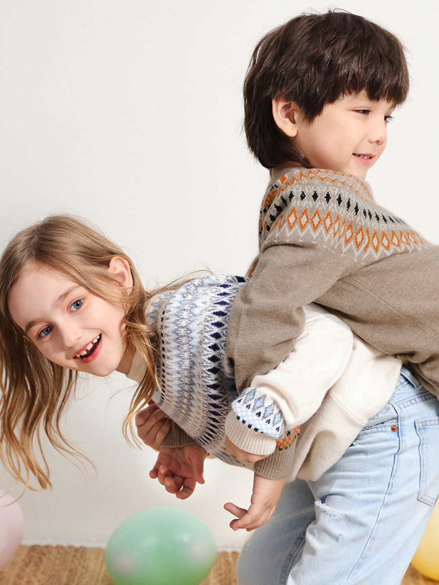 COMOBOCA 100% Wool Kids' Fair Isle Round Neck Sweater