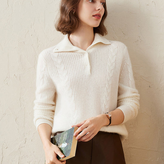 COMOBOCA White 100% Cashmere Women's Button Neck Cable Knit Sweater