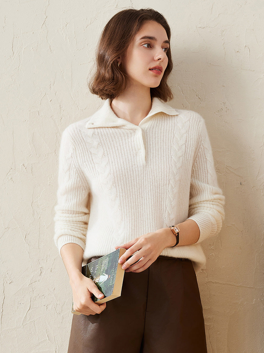 COMOBOCA White 100% Cashmere Women's Button Neck Cable Knit Sweater