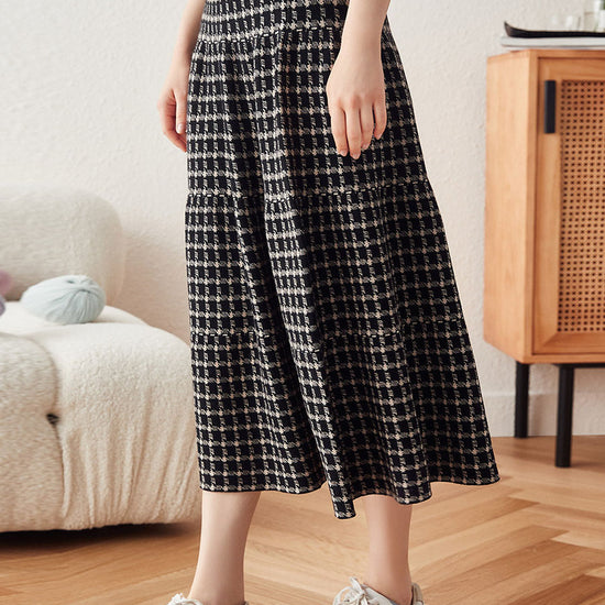 COMOBOCA Black Women's Plaid Wool Knit A Line Skirt