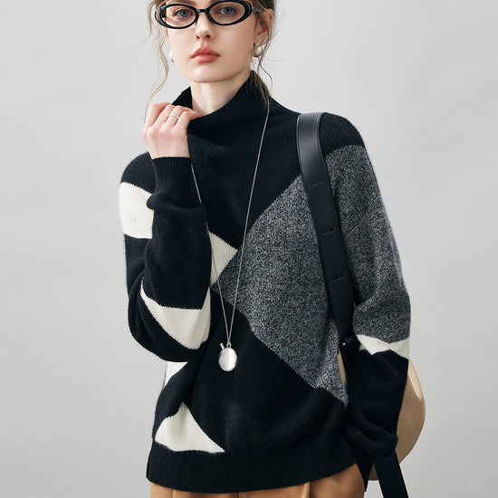 COMOBOCA 100% Cashmere Women's Geometric Turtleneck Sweater