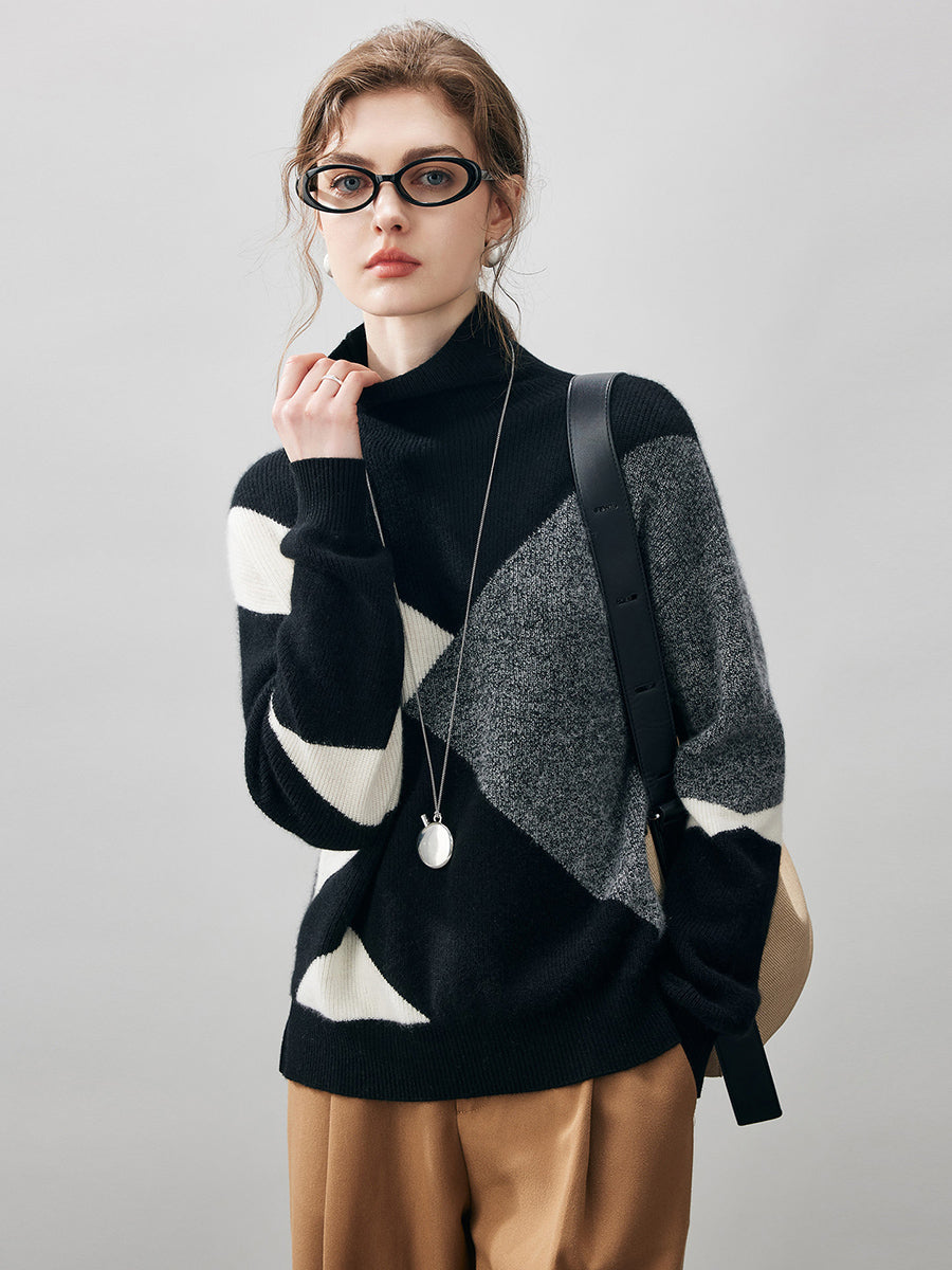 COMOBOCA 100% Cashmere Women's Geometric Turtleneck Sweater