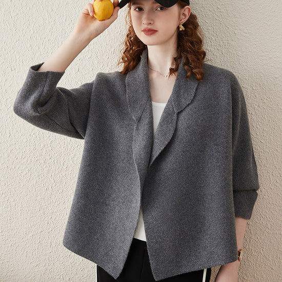 COMOBOCA Gray 100% Wool Women's Loose Knit Blazer Coat