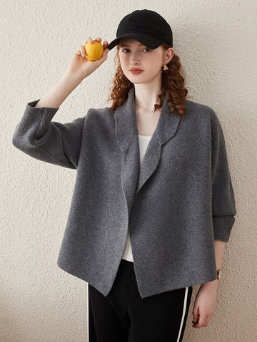 COMOBOCA Gray 100% Wool Women's Loose Knit Blazer Coat