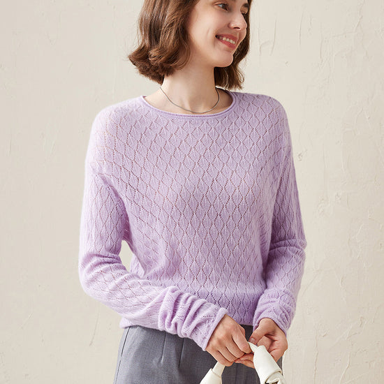 COMOBOCA Purple 100% Cashmere Women's Diamond Pattern Pullover Sweater