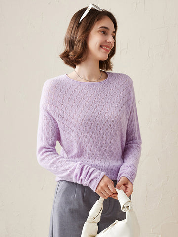 COMOBOCA Purple 100% Cashmere Women's Diamond Pattern Pullover Sweater