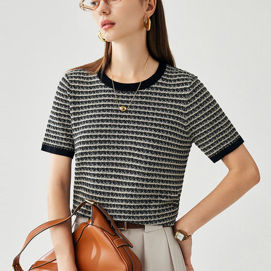 COMOBOCA Black Women's Elegant Striped Knit T-Shirt