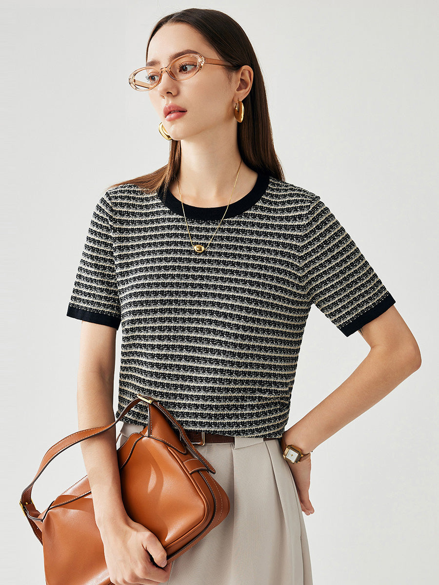 COMOBOCA Black Women's Elegant Striped Knit T-Shirt