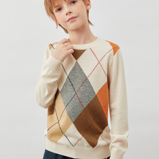 COMOBOCA Beige 100% Wool Kids' Argyle Round Neck Sweater