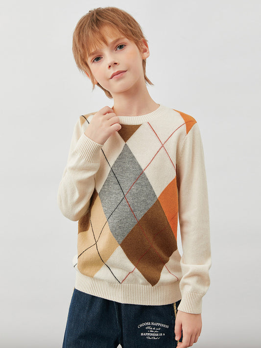 COMOBOCA Beige 100% Wool Kids' Argyle Round Neck Sweater