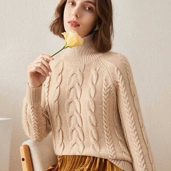 COMOBOCA 100% Cashmere Women's Turtleneck Cable Knit Sweater