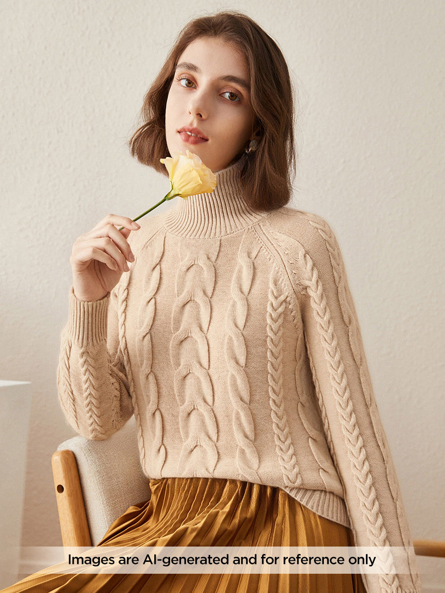 COMOBOCA 100% Cashmere Women's Turtleneck Cable Knit Sweater