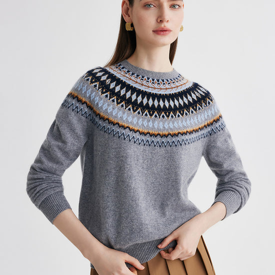 COMOBOCA 100% Cashmere Women's Fair Isle Round Neck Sweater