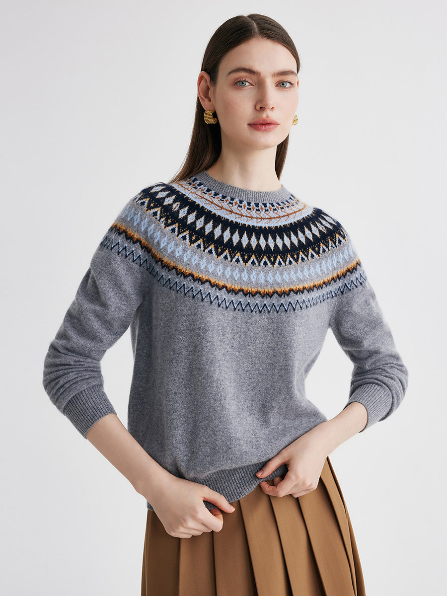 COMOBOCA 100% Cashmere Women's Fair Isle Round Neck Sweater