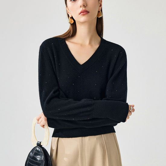 COMOBOCA 100% Cashmere Women's Sweater with Crystal Embellishments