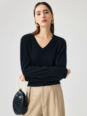 COMOBOCA 100% Cashmere Women's Sweater with Crystal Embellishments