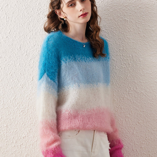 COMOBOCA Women's Mohair Gradient Color Block Fluffy Knit Sweater