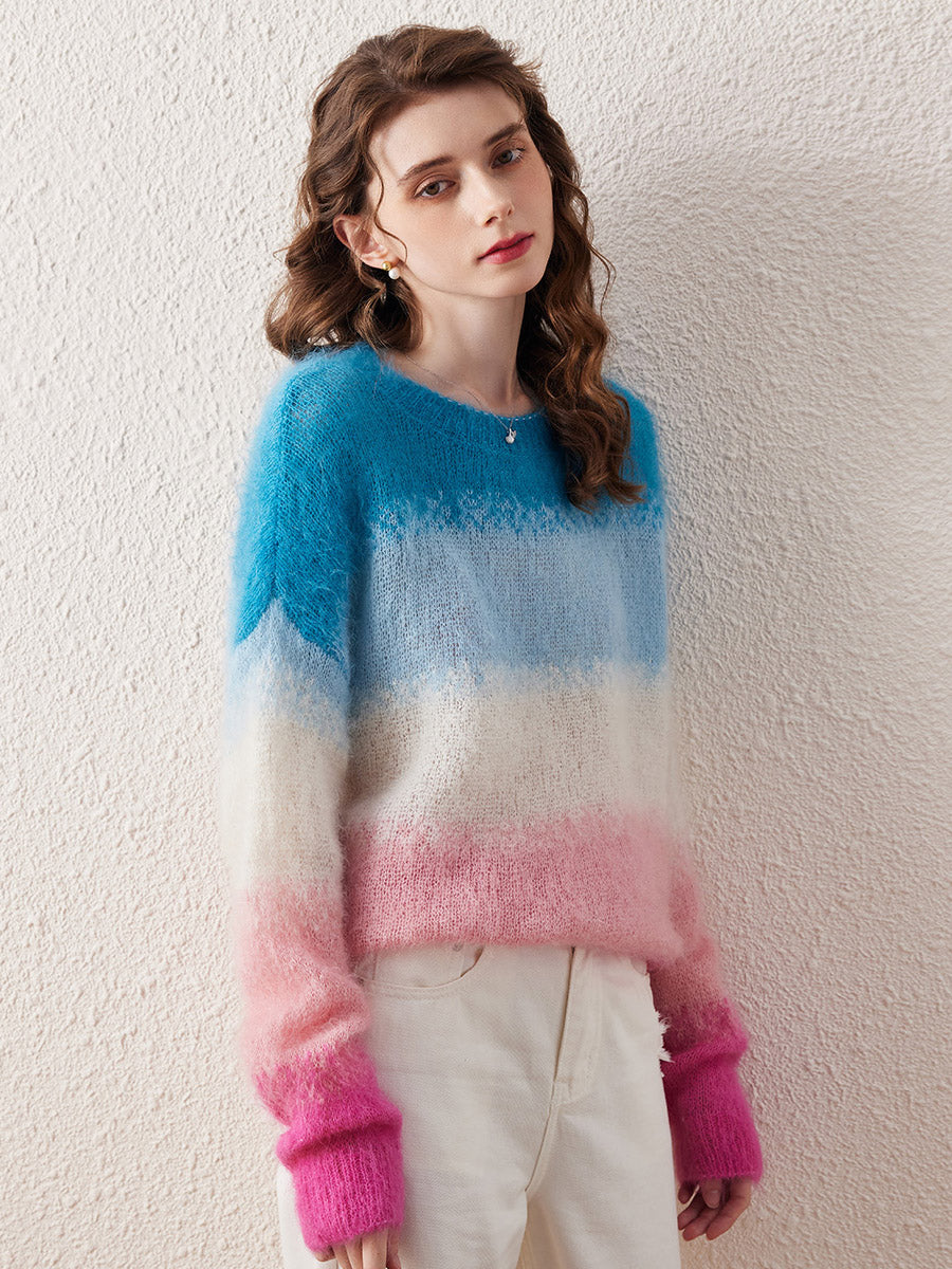 COMOBOCA Women's Mohair Gradient Color Block Fluffy Knit Sweater