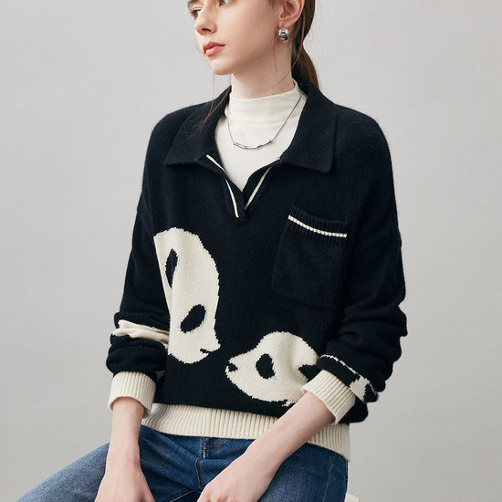 COMOBOCA 100% Cashmere Women's Panda Pattern Polo Collar Sweater