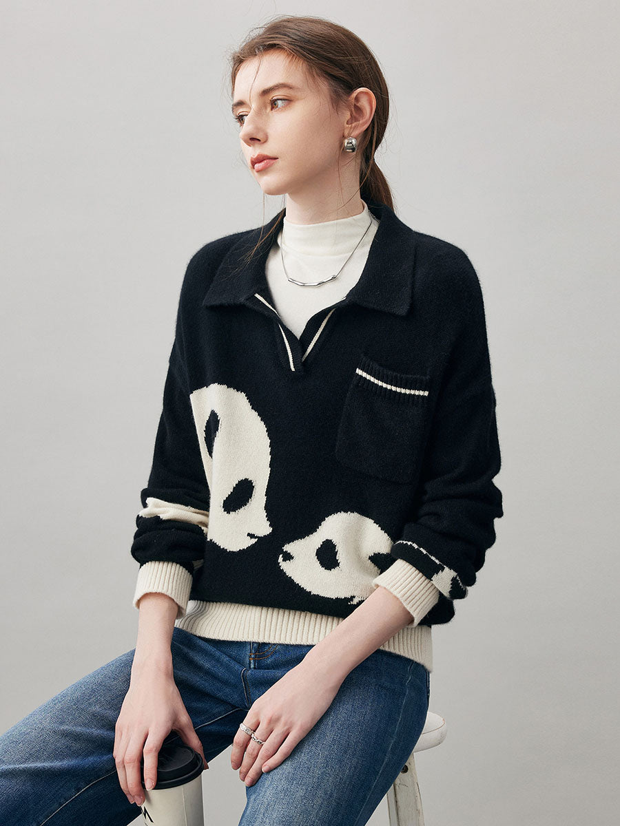 COMOBOCA 100% Cashmere Women's Panda Pattern Polo Collar Sweater