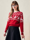 COMOBOCA Red 100% Wool Women's Reindeer Knit Sweater
