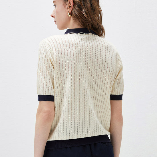 COMOBOCA Women's Scalloped Contrast Collar Openwork Knit Sweater