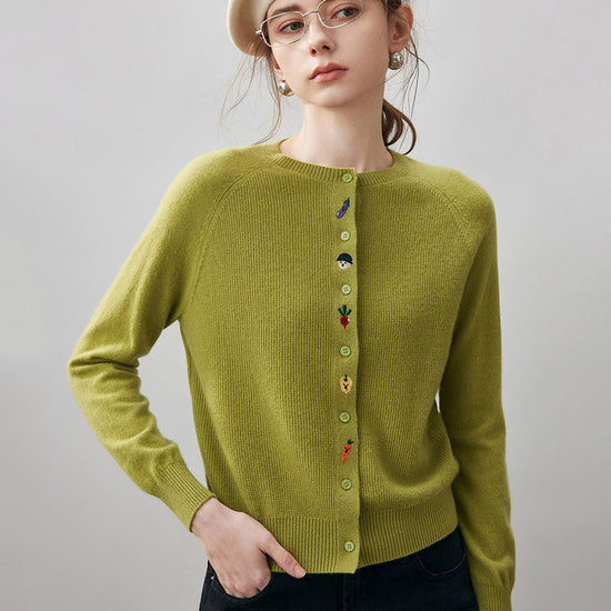 COMOBOCA Bright Green 100% Cashmere Women's Embroidered Button-Front Cardigan