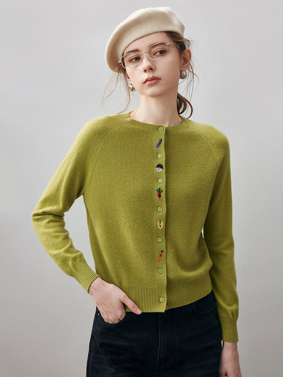COMOBOCA Bright Green 100% Cashmere Women's Embroidered Button-Front Cardigan